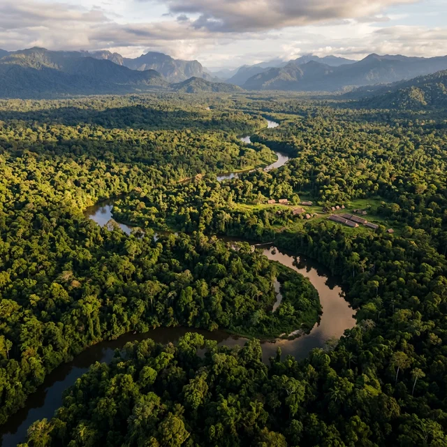 Aerial view of pristine tropical rainforest in Papua New Guinea with rivers winding through the green canopy
