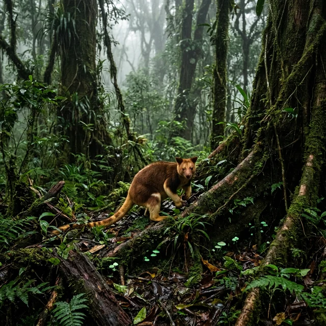 Rare marsupial with golden fur emerging from ancient tree roots in the misty cloud forest of New Guinea