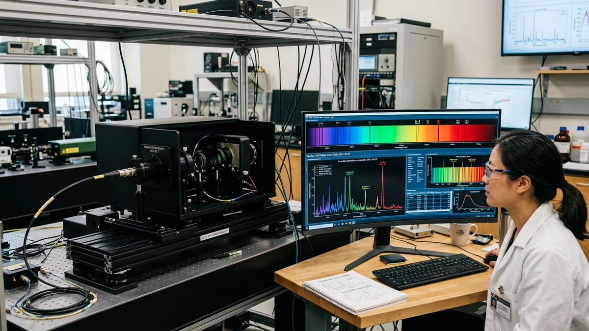 High-resolution spectrograph in laboratory projecting solar spectrum on digital screens