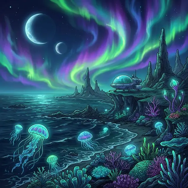 Concepto artístico de un exoplaneta oceánico con organismos bioluminiscentes brillando bajo dos lunas, aurora boreal alienígena en el cielo — representación de un mundo potencialmente habitable