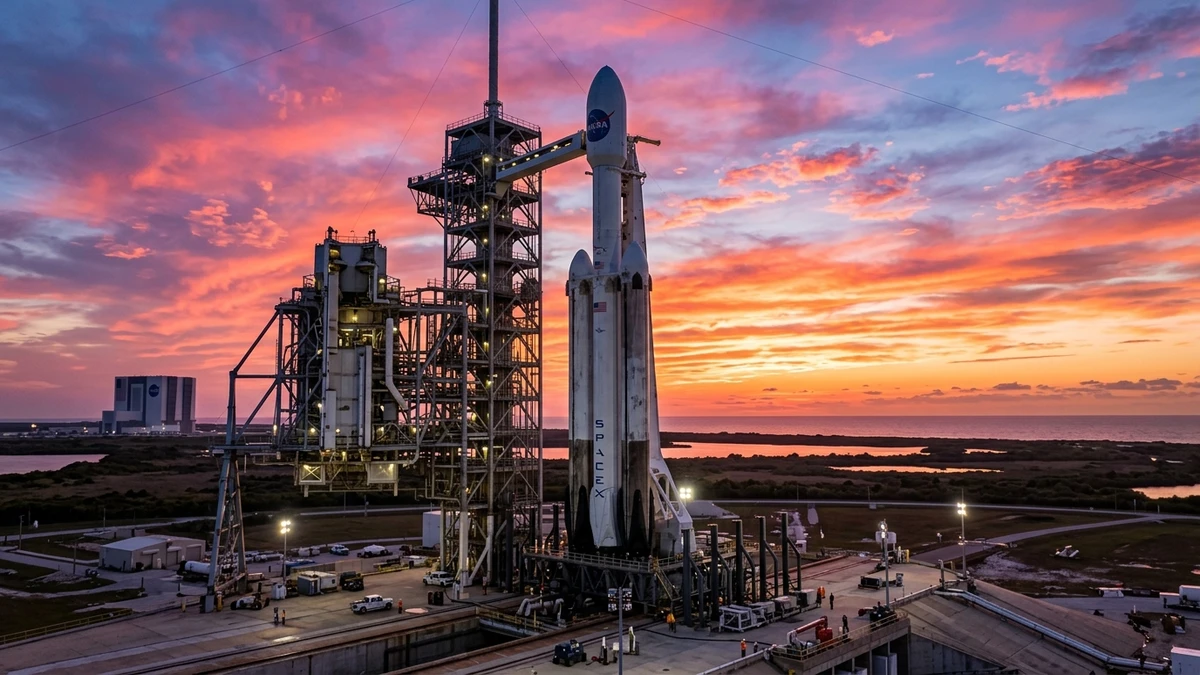 Foguete Falcon Heavy na rampa 39A com o telescópio espacial