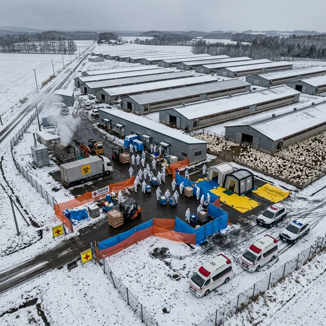 Equipe de resposta sanitária realiza operação de emergência em fazenda de Hokkaido durante surto de H5N1