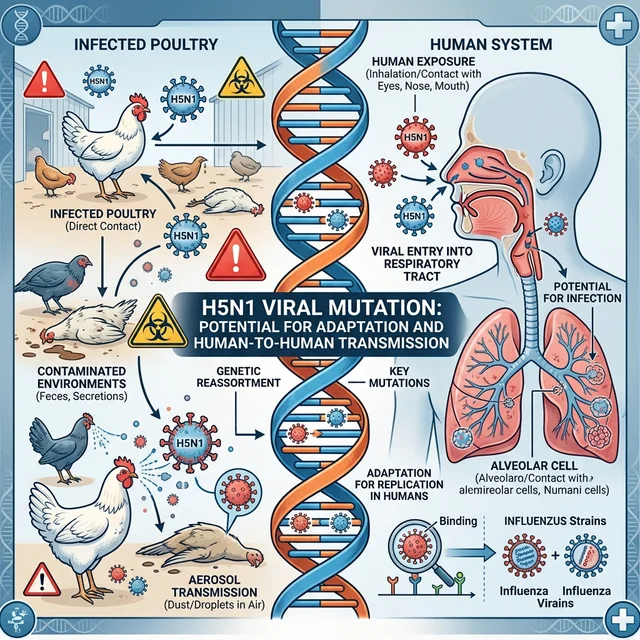 Diagrama médico mostrando as vias de transmissão do H5N1 de aves para humanos e o potencial de mutação