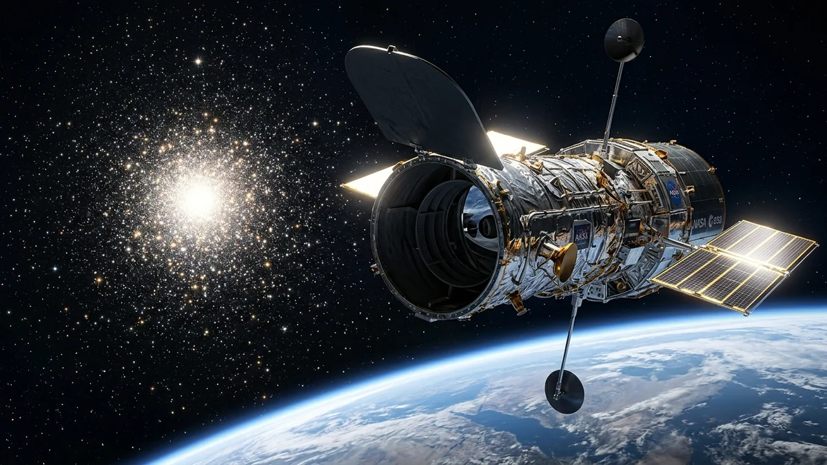 O Telescópio Espacial Hubble capturando imagens no espaço profundo com o aglomerado de estrelas ao fundo