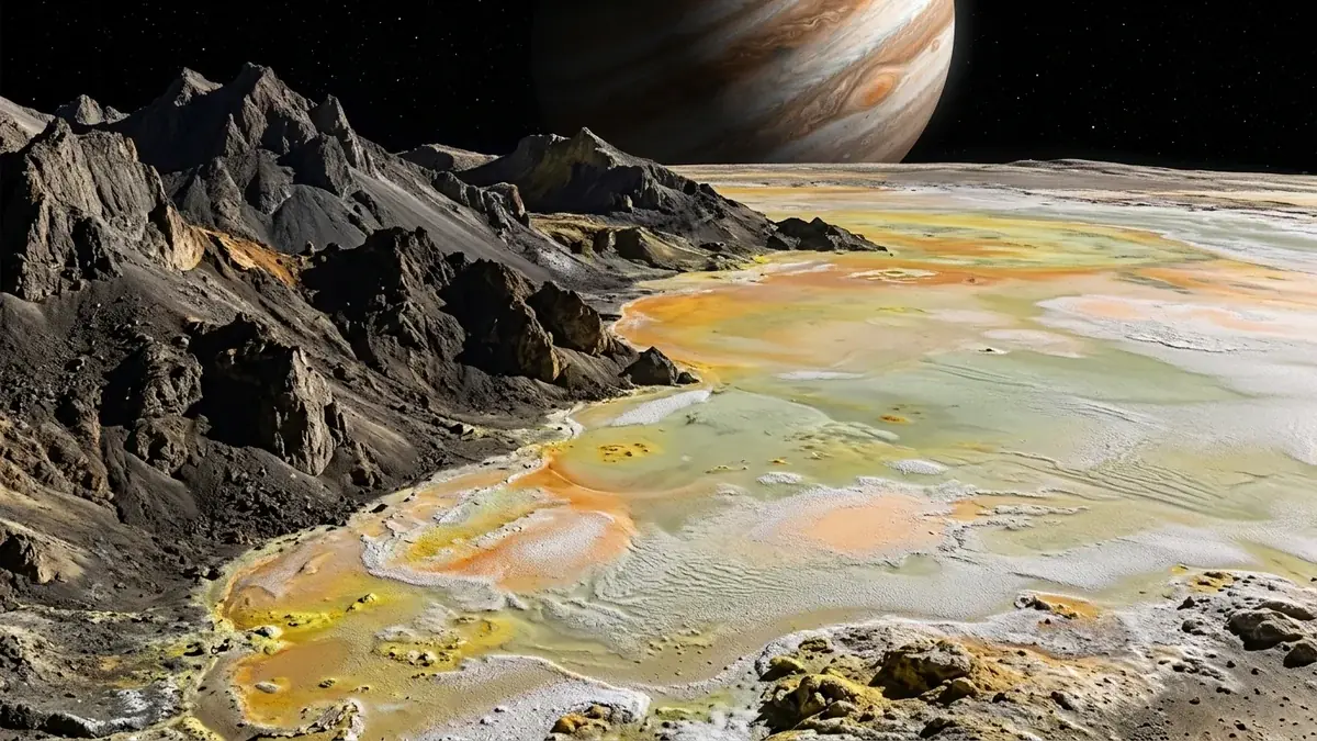 Paisagem de Io exibindo o contraste nítido entre montanhas vulcânicas e planícies planas de enxofre