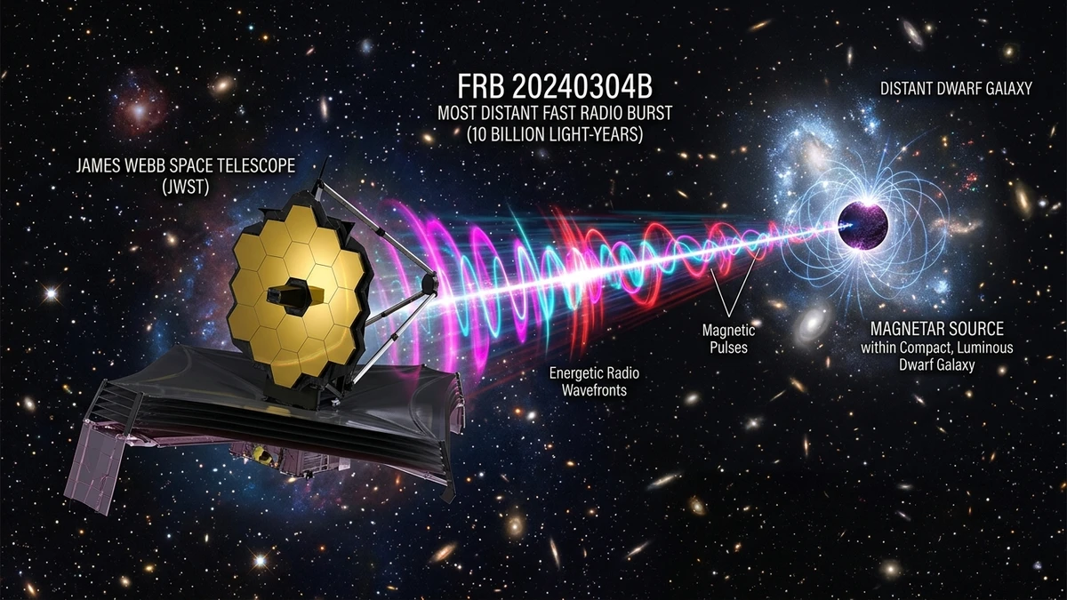 3D scientific illustration showing the James Webb Space Telescope capturing the most distant fast radio burst FRB 20240304B from a dwarf galaxy