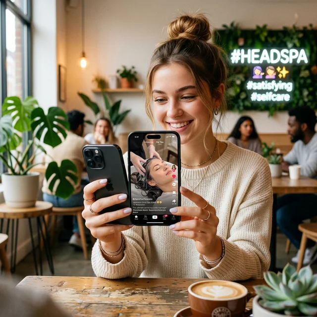 Jovem mulher segurando smartphone mostrando vídeo viral de Head Spa no TikTok