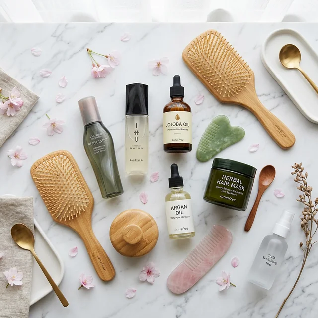 Flat lay de produtos para Japanese Head Spa: óleos, escovas, sérums e acessórios