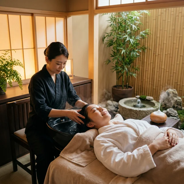 Sessão de Japanese Head Spa em ambiente sereno com iluminação quente e elementos japoneses