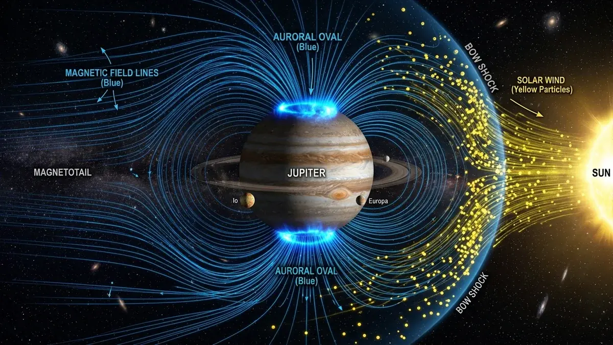 The powerful bright-blue magnetic field of Jupiter deflecting the yellow solar wind