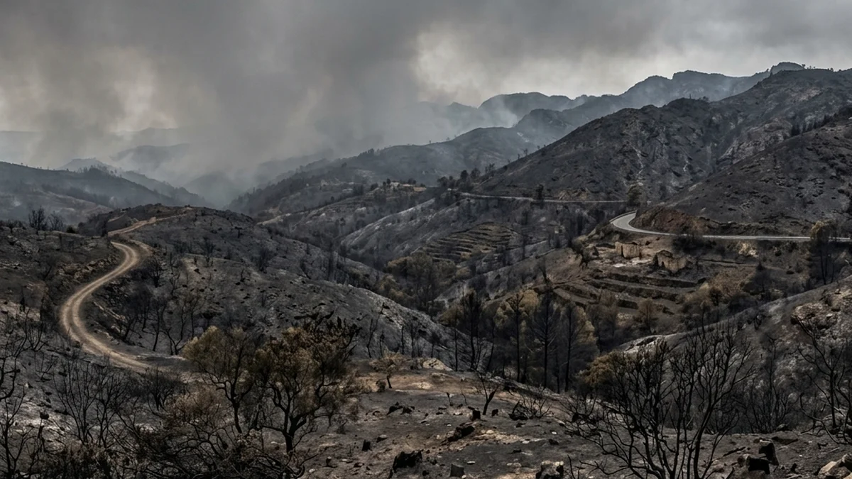 The devastated landscape of Los Gallardos in Almería post-fire, revealing blackened hills and ash stretching to the horizon in July 2026.