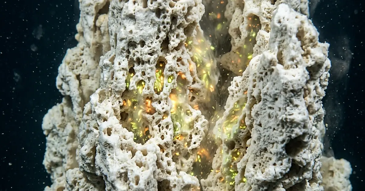 Detalhes microscópicos e texturas das chaminés de carbonato de cálcio que servem de lar para ecossistemas microbianos baseados em serpentinização. Estrutura detalhada de uma chaminé de carbonato de cálcio em Lost City