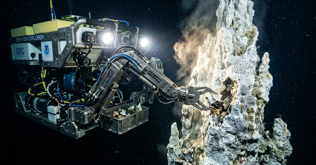 O submarino controlado remotamente (ROV) operando em profundidade extrema para coletar amostras de fluido térmico do novo encanamento subterrâneo. Submarino de controle remoto ROV explorando as profundezas do oceano