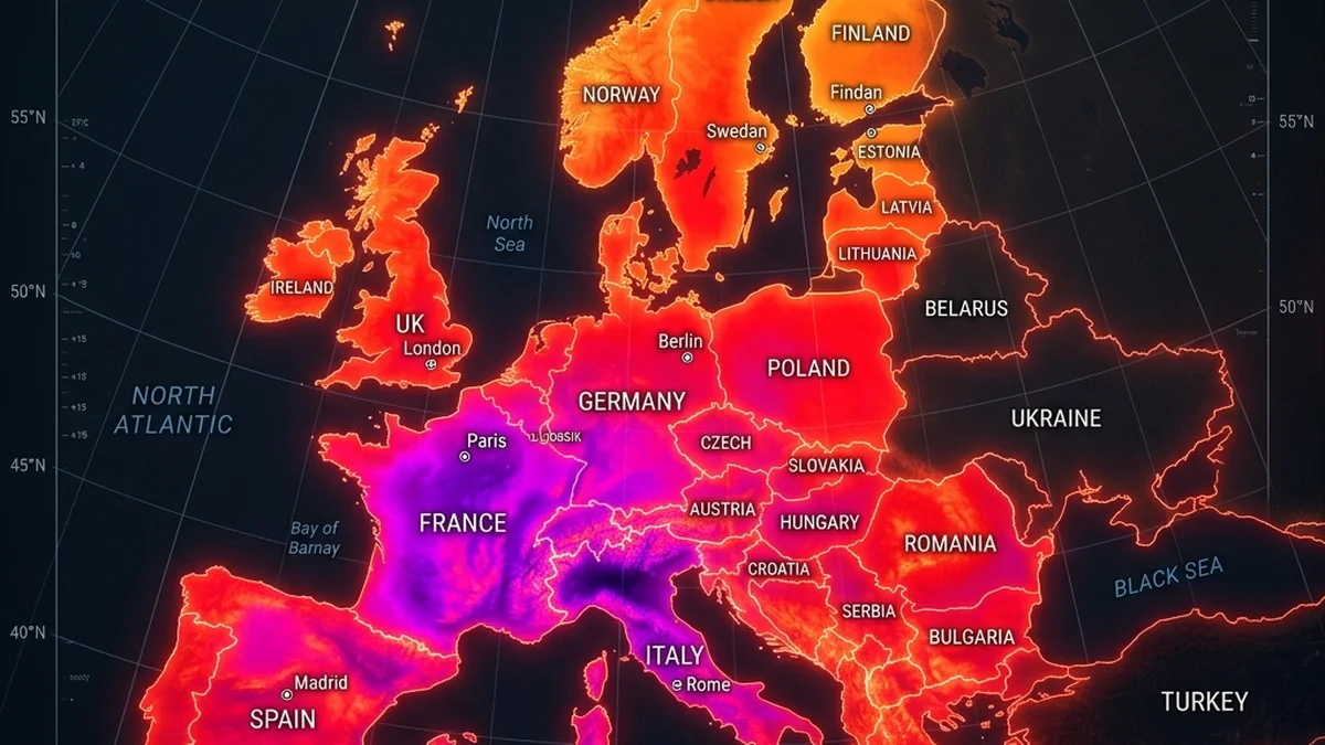 El mapa térmico ilustra la gigantesca área bajo la influencia del bloqueo atmosférico persistente Mapa de anomalía de temperatura que muestra el calor extremo concentrado en Europa