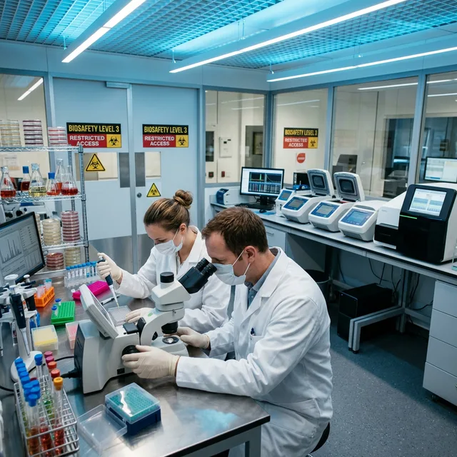 Laboratorios brasileños monitorean la llegada de nuevas variantes del Mpox Científicos en laboratorio de virología analizando muestras