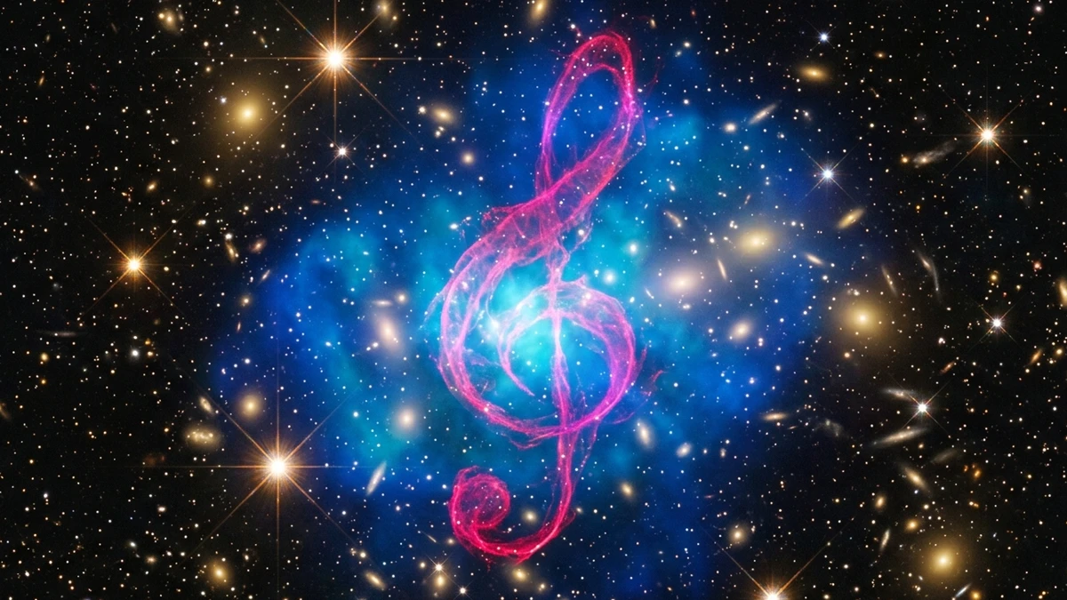 Ilustración científica y astronómica compuesta de alta fidelidad que muestra la estructura cósmica Clave de Sol VLSS J0318.9+5755 con filamentos de radio en tono magenta brillante rodeados de gas caliente en rayos X azulado captado por el Observatorio Chandra de la NASA