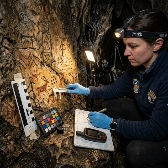Arqueóloga examinando marcas pré-históricas com ferramentas modernas em caverna