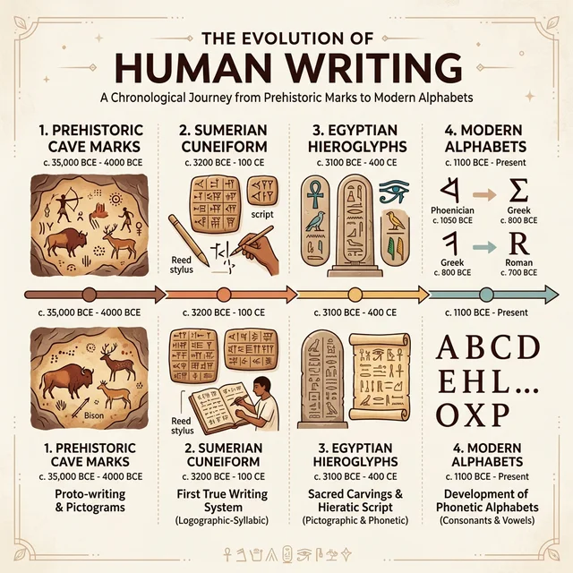 Evolução da escrita humana desde marcas pré-históricas até alfabetos modernos