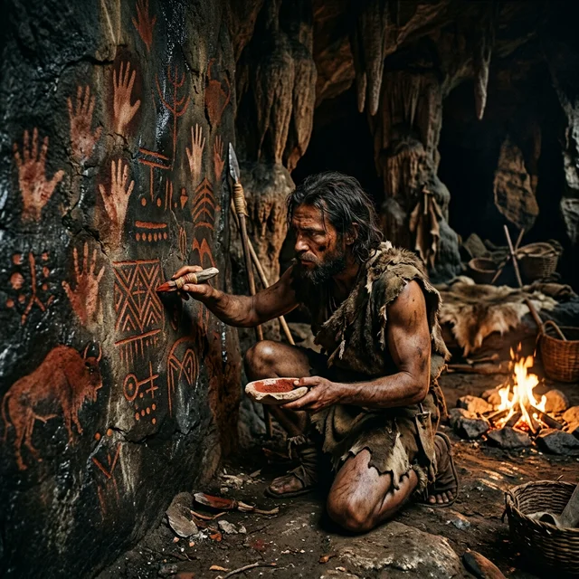 Humano pré-histórico fazendo marcas simbólicas na parede de caverna com ocre