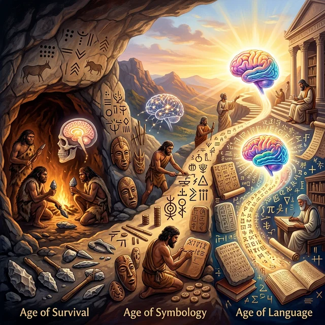 Arte conceitual da evolução cognitiva humana com ferramentas, símbolos e escrita