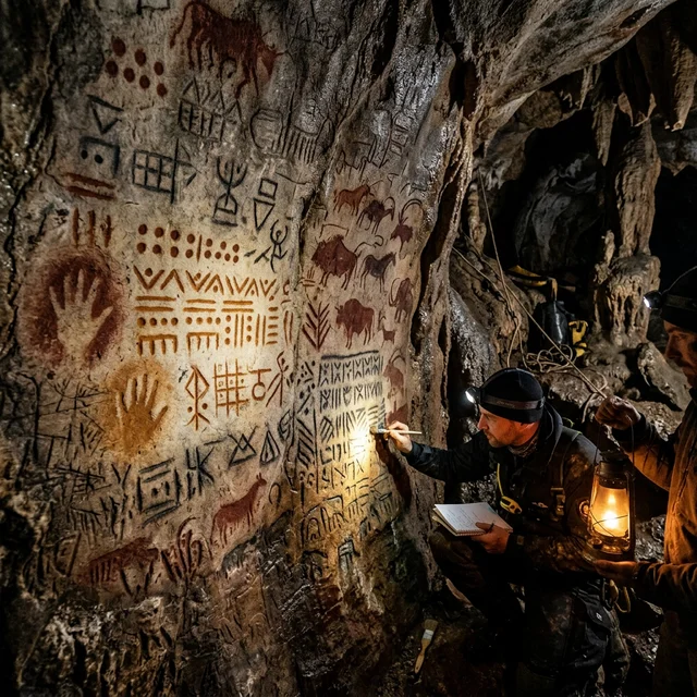 Parede de caverna com símbolos de proto-escrita pré-histórica iluminados por tocha