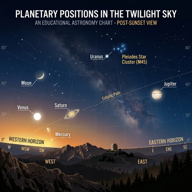Illustrative diagram of the 6-planet alignment in the sky on 02/28/2026 Diagram of the planetary alignment showing the position of each planet in the sky