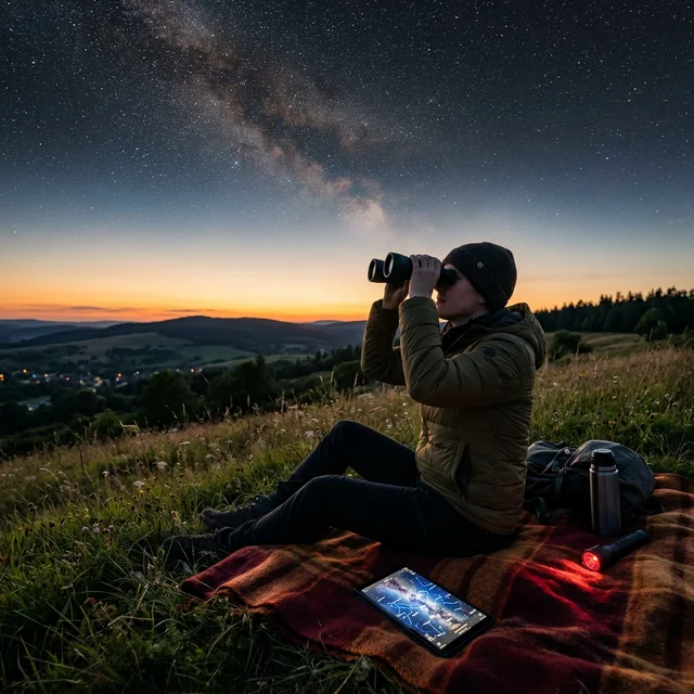 Amateur observer prepared for the 2026 Planet Parade Person observing the planetary alignment with a telescope at dusk