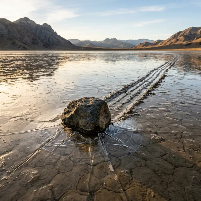 El secreto revelado: hielo ultrafino se forma alrededor de las piedras y las empuja cuando es fragmentado por el viento Piedra sobre hielo fino y transparente