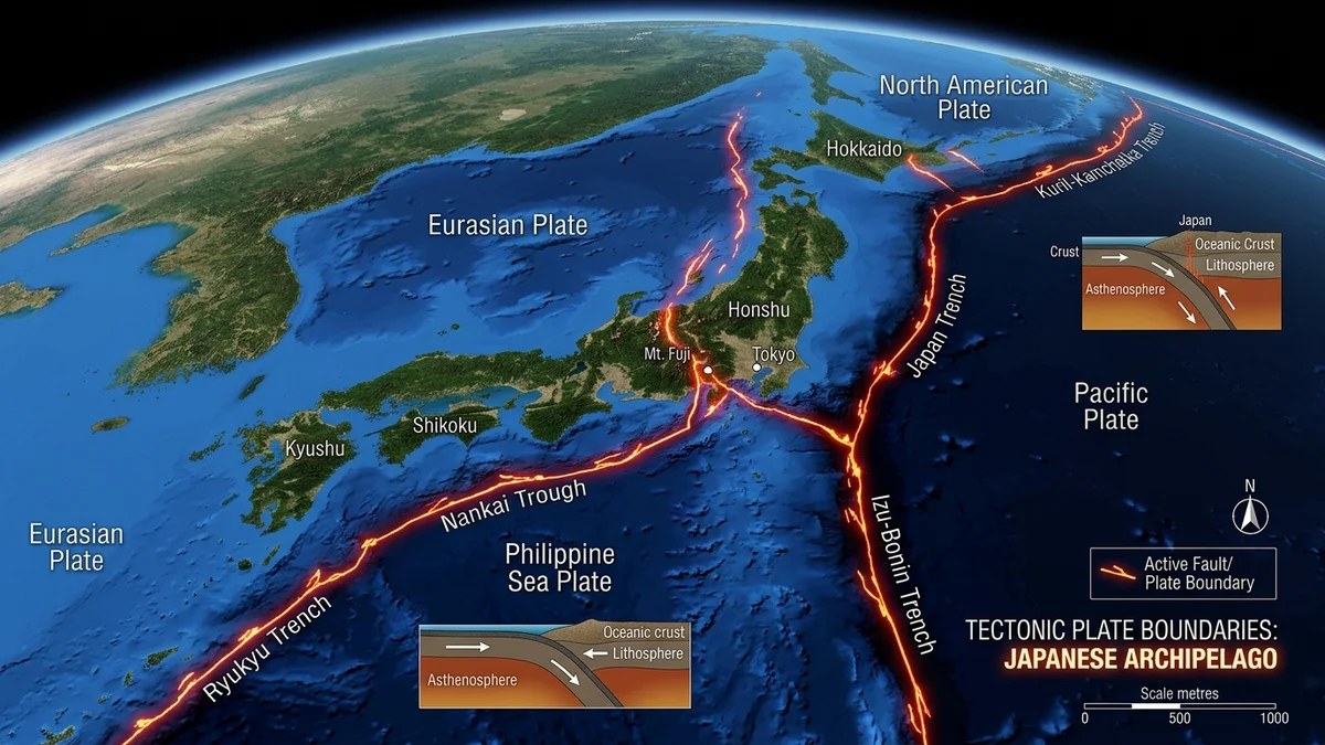 Scientific diagram showing the boundaries and subduction zones of the four tectonic plates beneath the islands of Japan