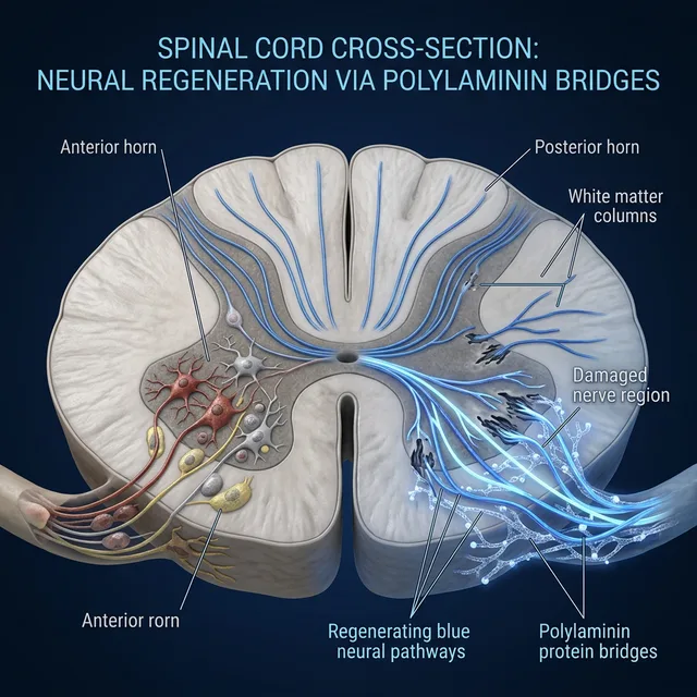 Detailed scientific illustration of the spinal cord showing an injury with glial scar and the mechanism of action of Polylaminine creating a bridge for axonal regeneration