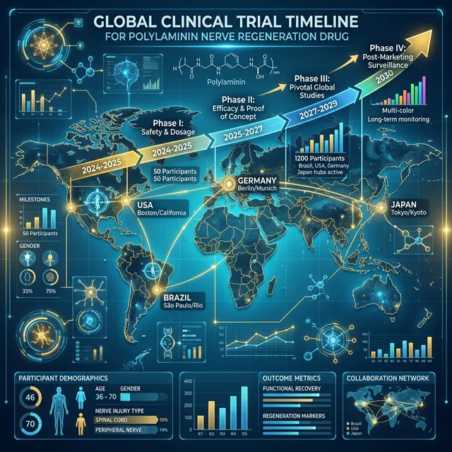Futuristic vision of a neural rehabilitation center combining Polylaminine with advanced technologies such as brain-machine interfaces and electrical stimulation