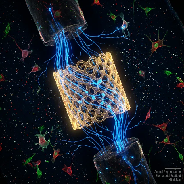 3D molecular model of Polylaminine showing its helical structure and binding points with neural receptors