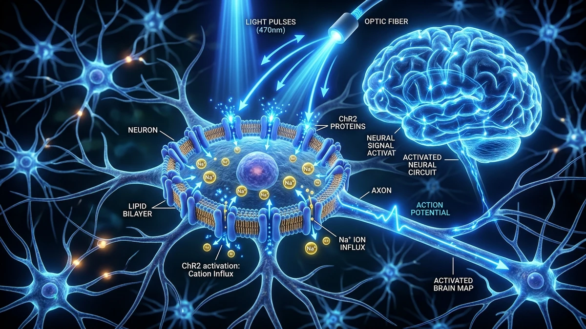 Ilustração científica em 3D da optogenética mostrando feixes de luz azul ativando proteínas canalrodopsinas em células neuronais do cérebro