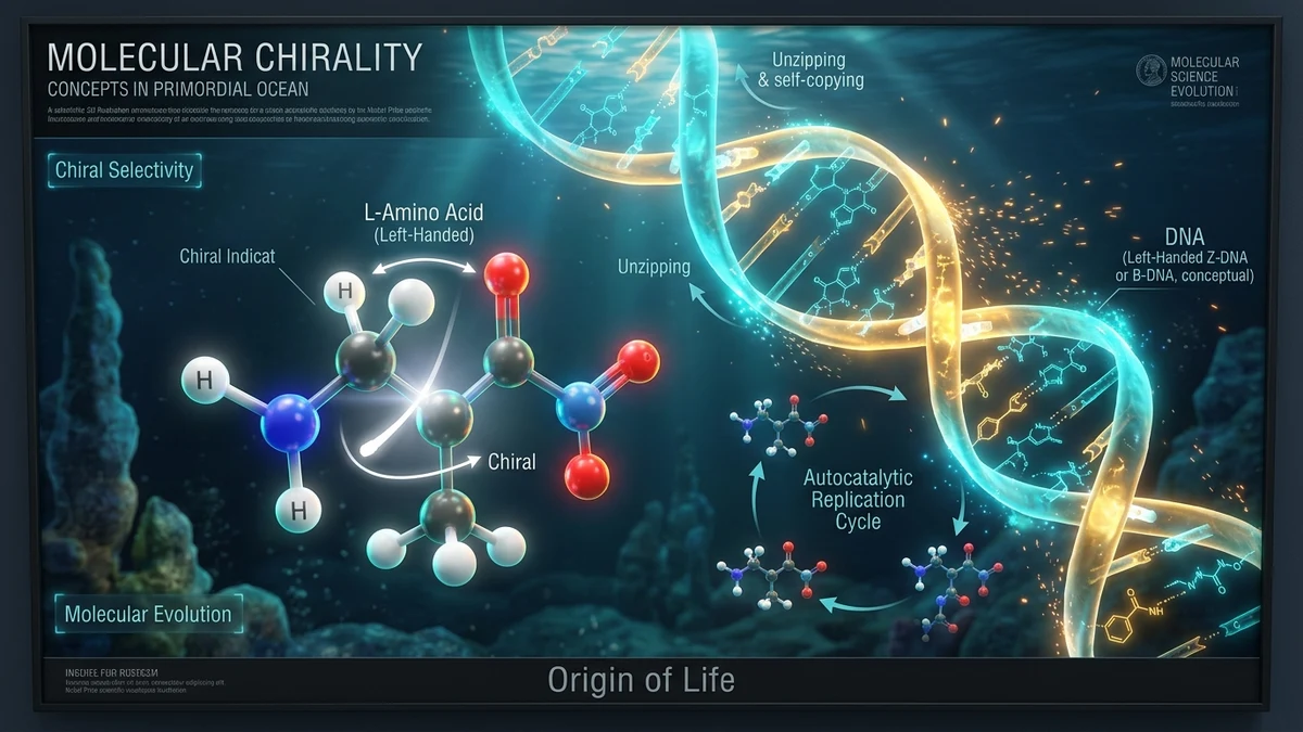 Ilustração científica em 3D mostrando a simetria de espelho das moléculas quirais e a dupla hélice do DNA no oceano primordial