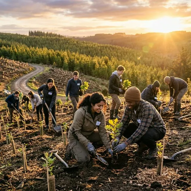 Voluntários plantando mudas em projeto de reflorestamento ao pôr do sol
