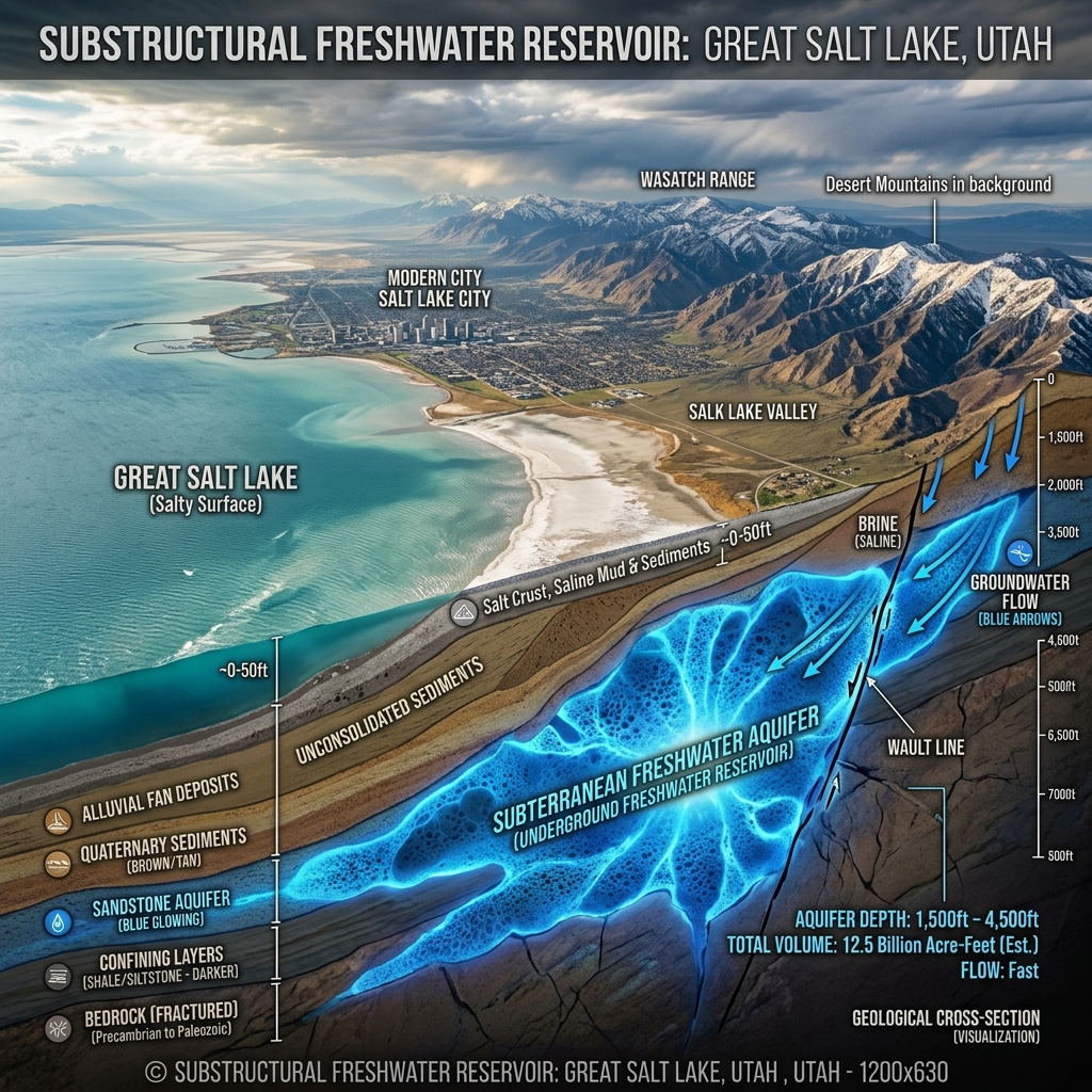 Aerial view of Utah's Great Salt Lake with indication of the underground reservoir