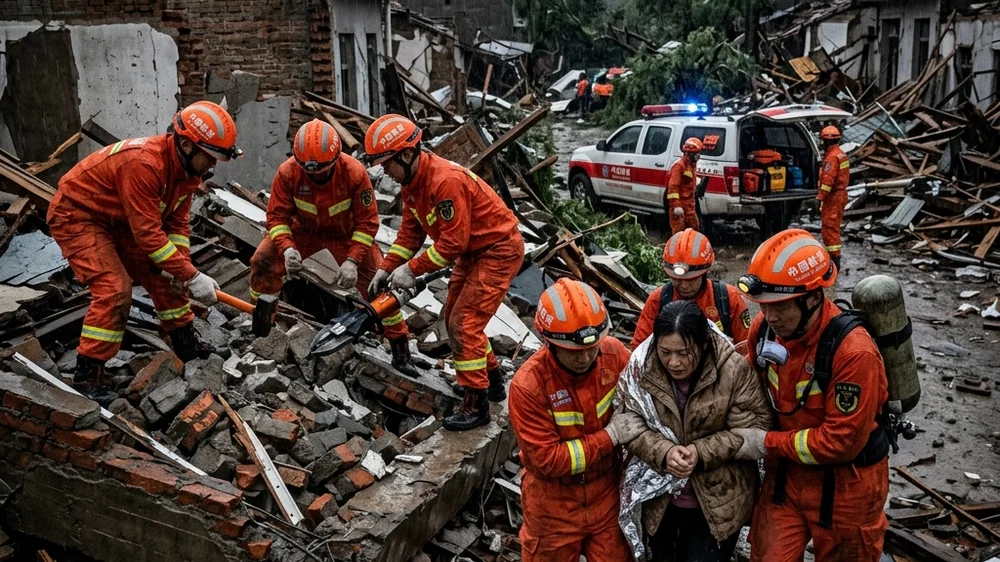 Bomberos y voluntarios civiles buscan entre las ruinas de edificios destruidos para encontrar sobrevivientes Equipos de rescate trabajando en los escombros en Hubei