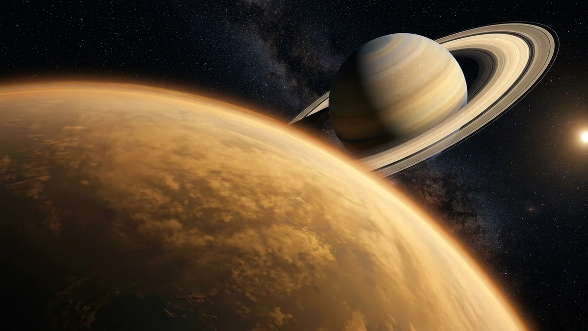 The dense orange atmosphere of Titan with Saturn and its prominent rings in the background