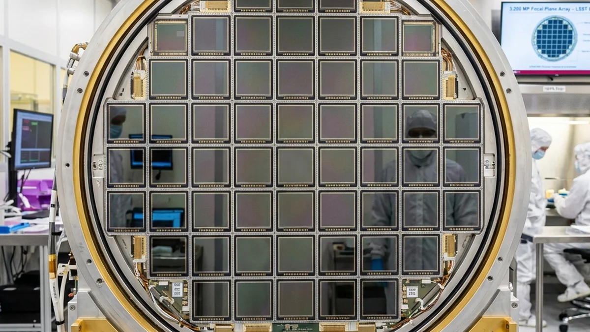 The mosaic of 189 cryogenic CCD sensors that give the camera its record resolution of 3,200 megapixels