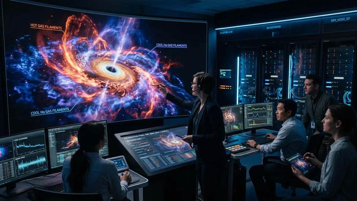 Cientistas em um centro de supercomputação analisando a simulação tridimensional dos filamentos gasosos de NGC 4696