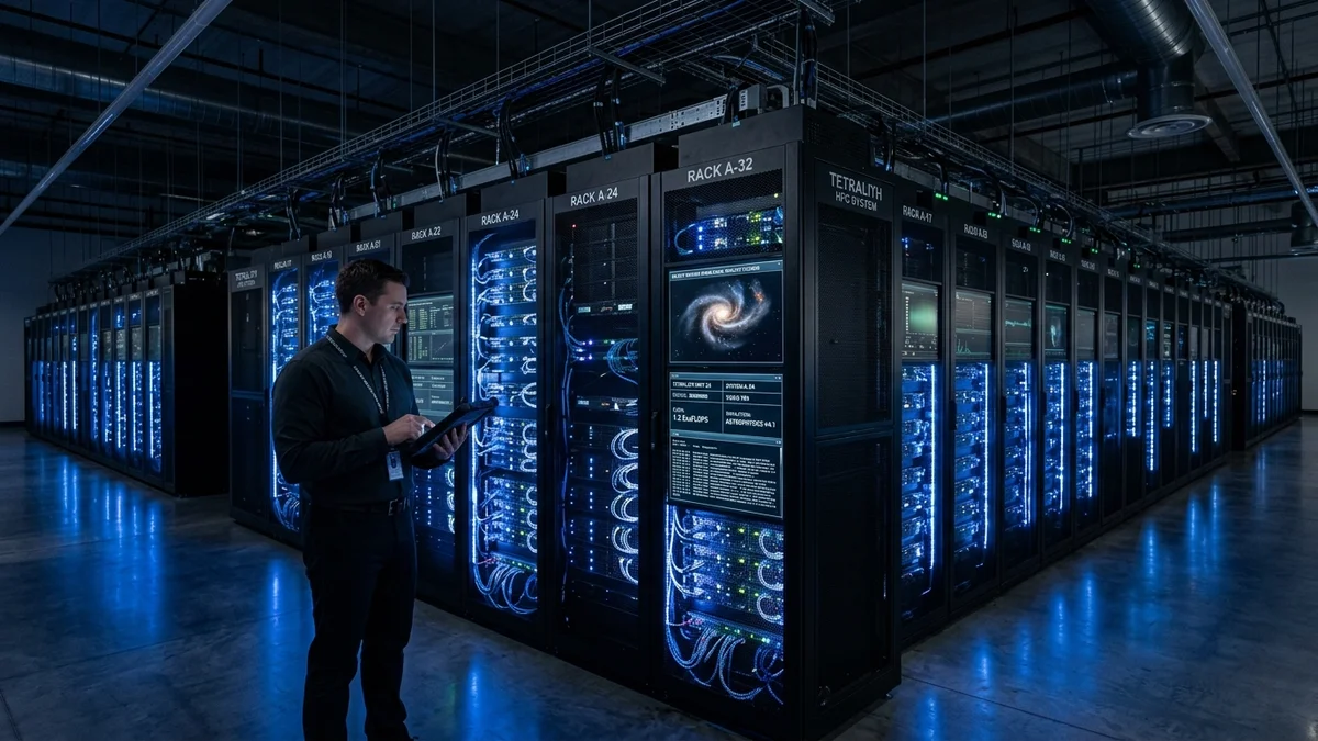 Supercomputer Tetralith running three-dimensional simulations of solar fluid physics