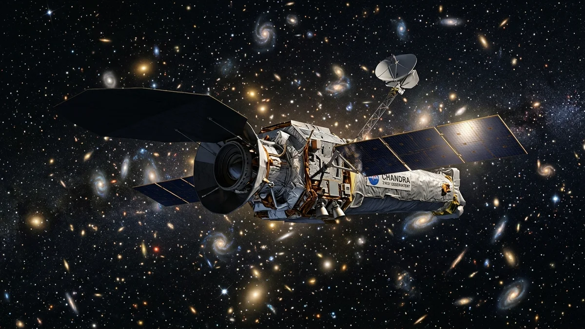 O Telescópio Espacial Chandra flutuando no espaço profundo monitorando emissões de raios-X