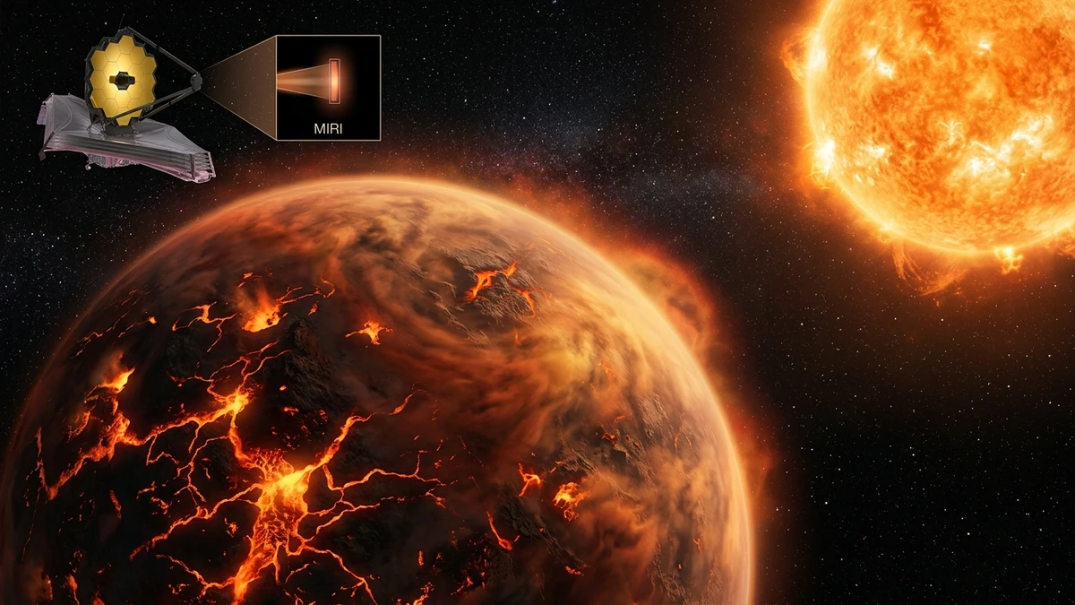 Scientific illustration of the rocky lava exoplanet HD 3167 b showing its thick atmosphere and the James Webb Space Telescope observing in mid-infrared