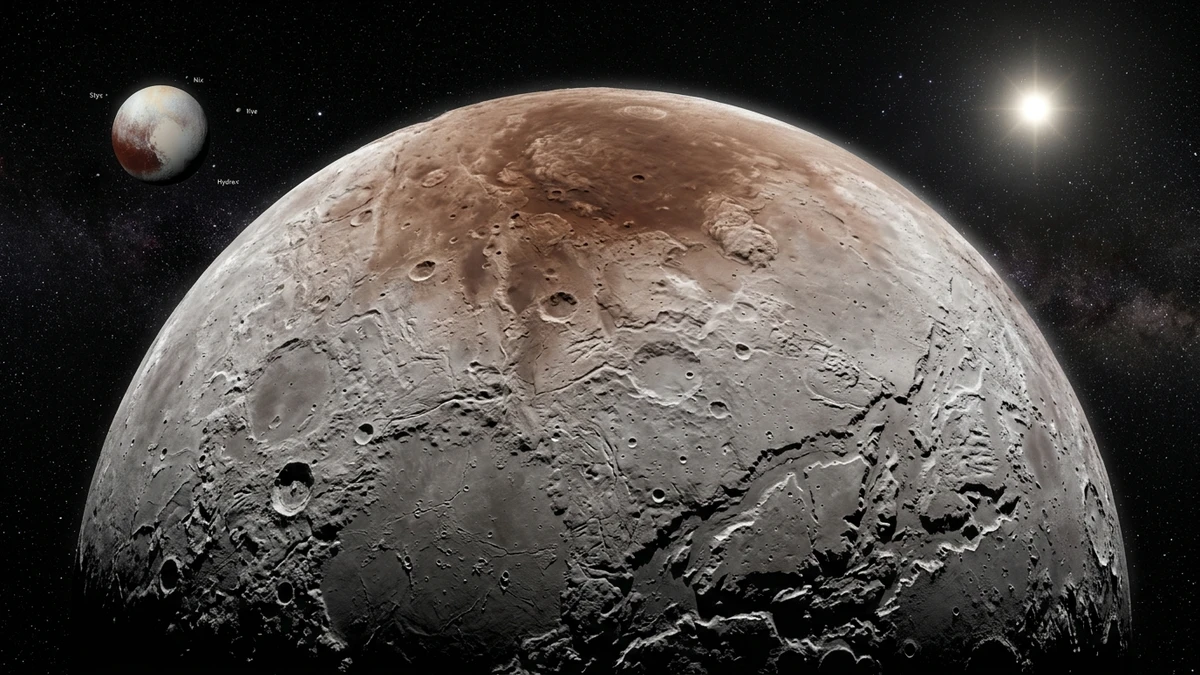 Ilustración científica de alta fidelidad que muestra la superficie helada y agrietada de la luna Caronte en órbita baja con Plutón y el Sol distante