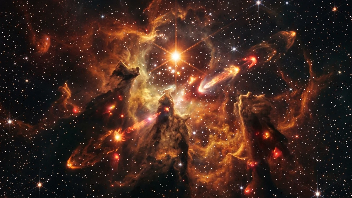 Ilustração científica mostrando a nebulosa e berçário estelar NGC 7129 observada pelo Telescópio Espacial James Webb com jatos estelares e protestrelas emergindo da poeira