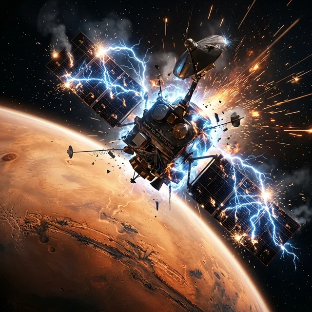 Mars orbital probe in distress being bombarded by energetic particles
