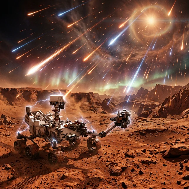 Mars surface with radiation particles raining from the sky onto a rover
