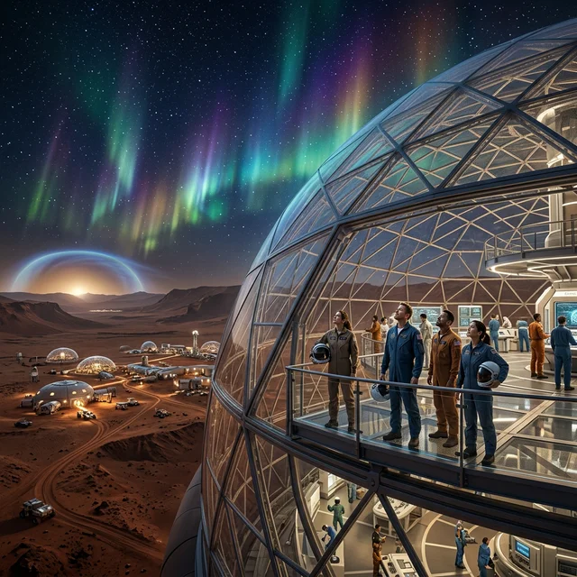 Futuristic Mars colony with protective domes against solar radiation