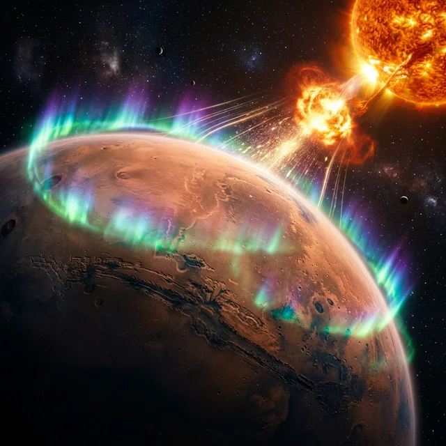 Dramatic view of Mars being hit by massive solar storm with auroras