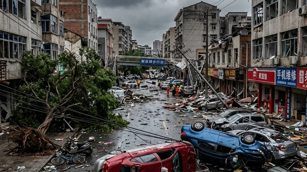Calles cubiertas de escombros, ramas de árboles arrancadas y cableado expuesto tras el desastre Destrucción de calles tras el paso del tornado en Hubei